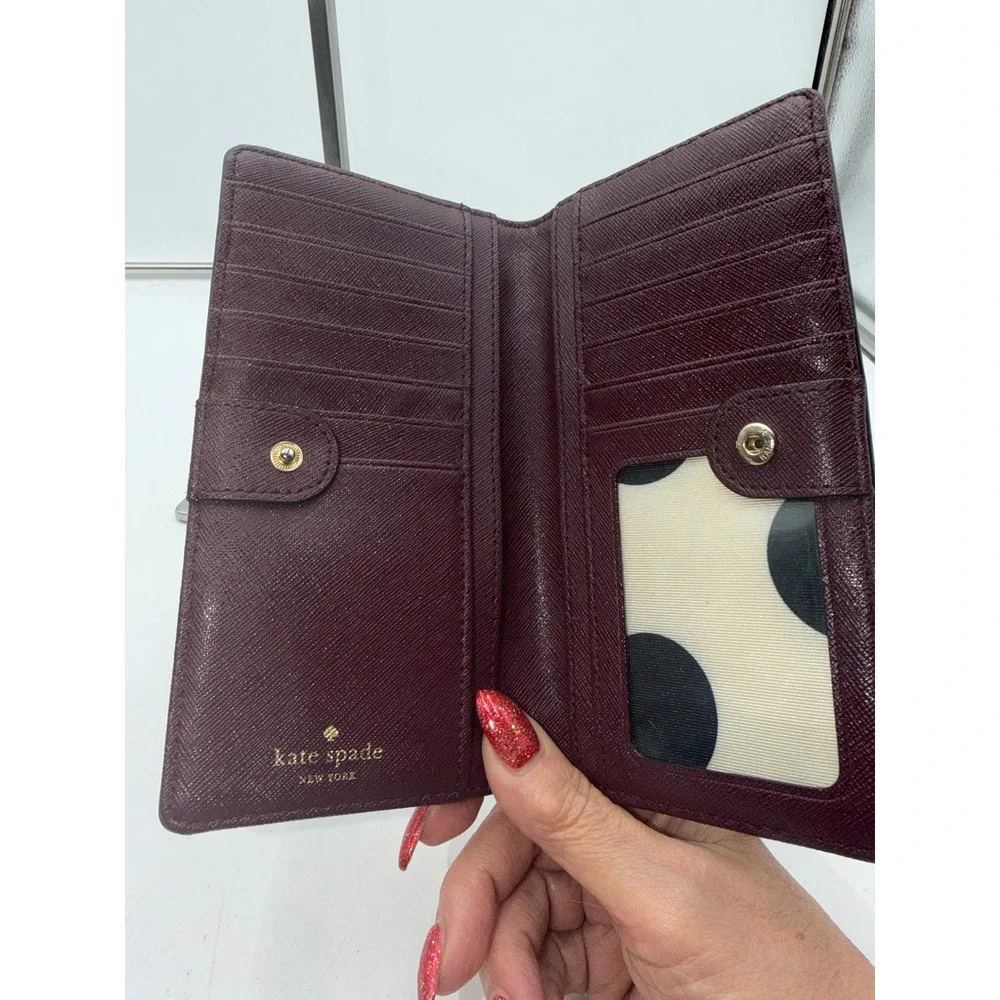 Kate Spade New York Burgundy Saffiano Leather Bifold Wallet Polka Dot Interior